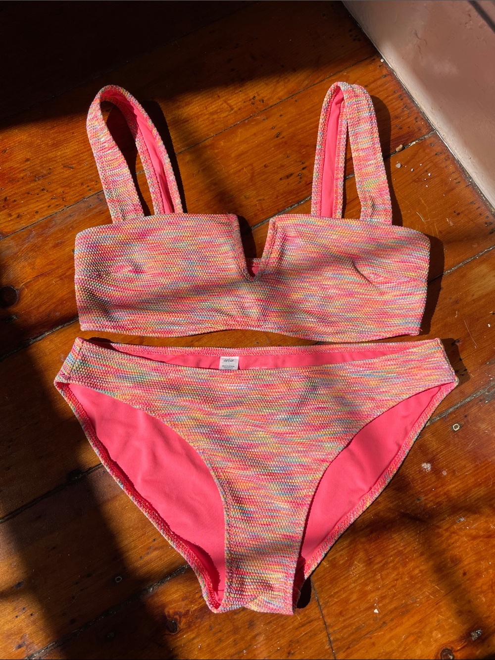 Aerie Pink Multicolor Textured Bikini Set